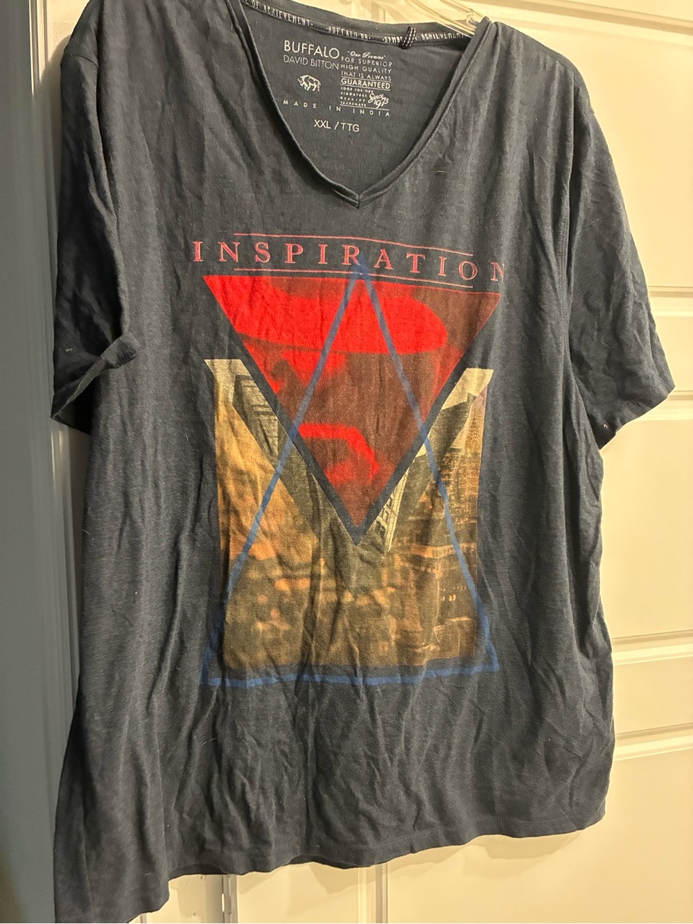 Buffalo David Bitton Navy V-Neck Graphic Tee with Red and Gold Print